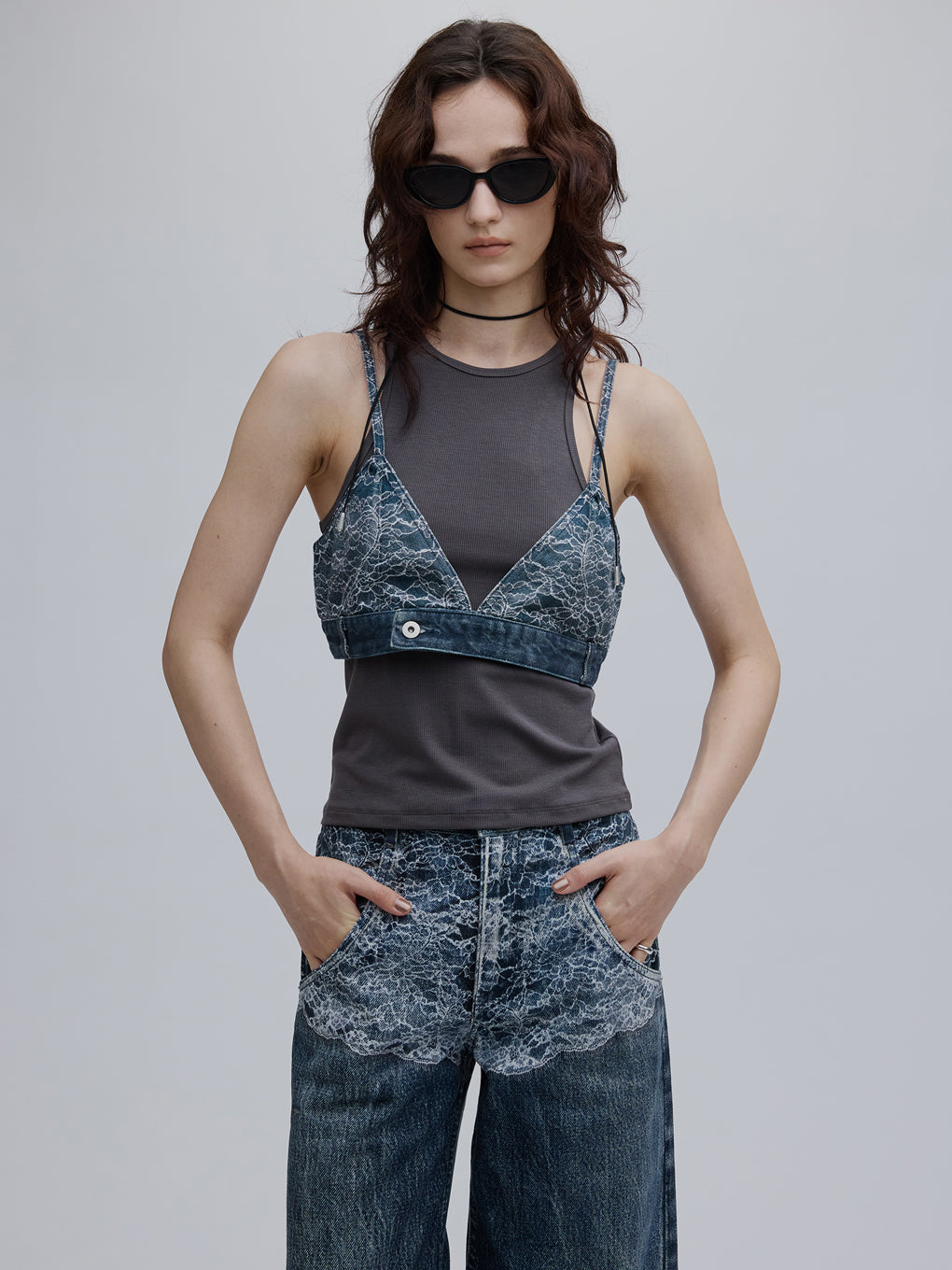 FAKE DENIM LACE BUSTIER