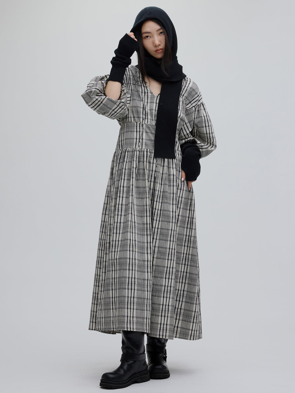 BALLOON SLEEVE CHECK DRESS