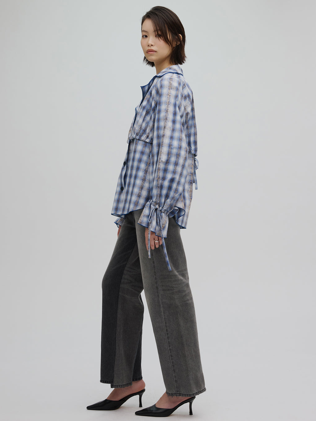 UNEVEN CHECK RIBBON SHIRT