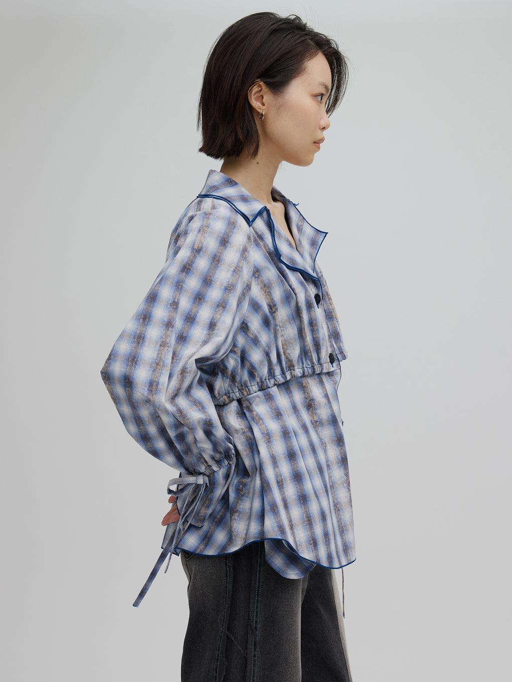 UNEVEN CHECK RIBBON SHIRT