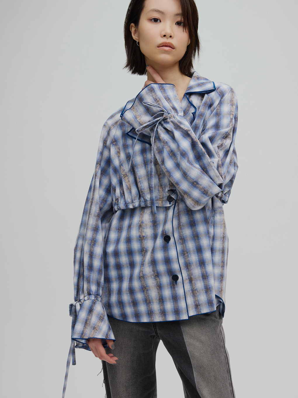 UNEVEN CHECK RIBBON SHIRT