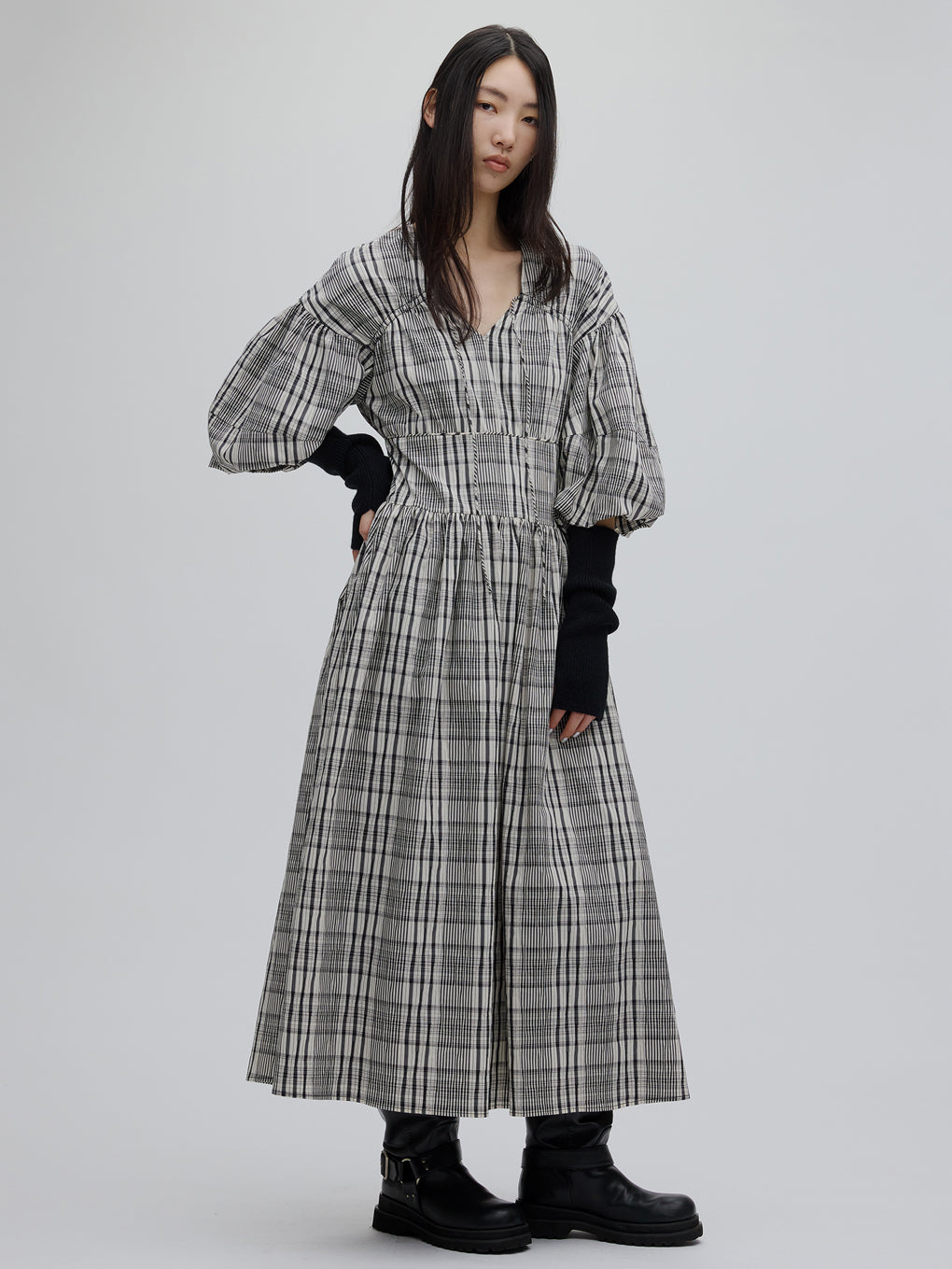 BALLOON SLEEVE CHECK DRESS