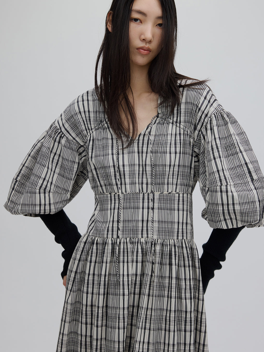 BALLOON SLEEVE CHECK DRESS
