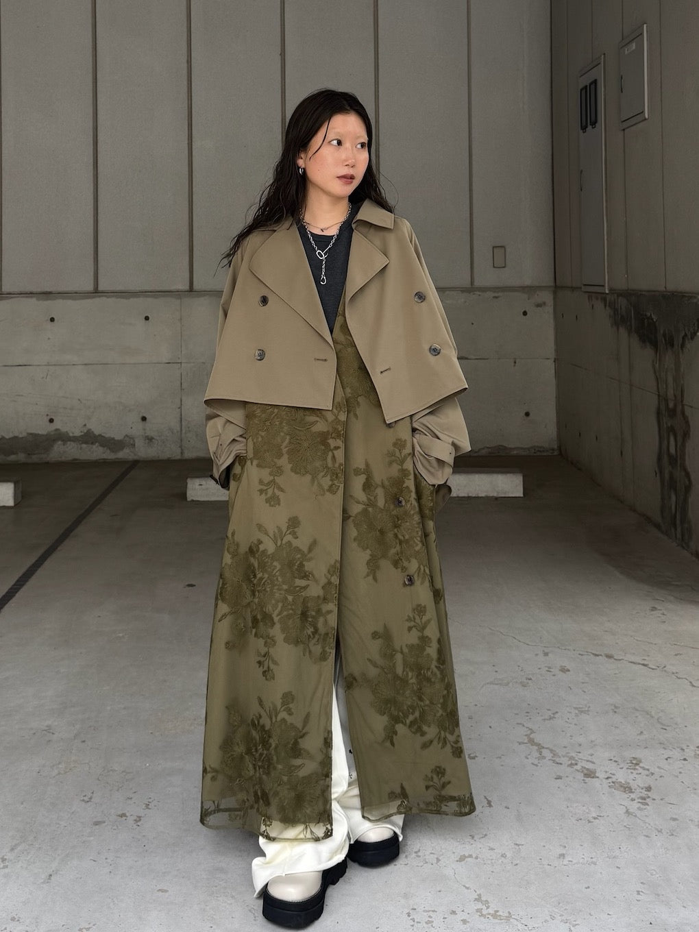 3WAY TULLE EMBROIDERY DOCKING TRENCH COAT