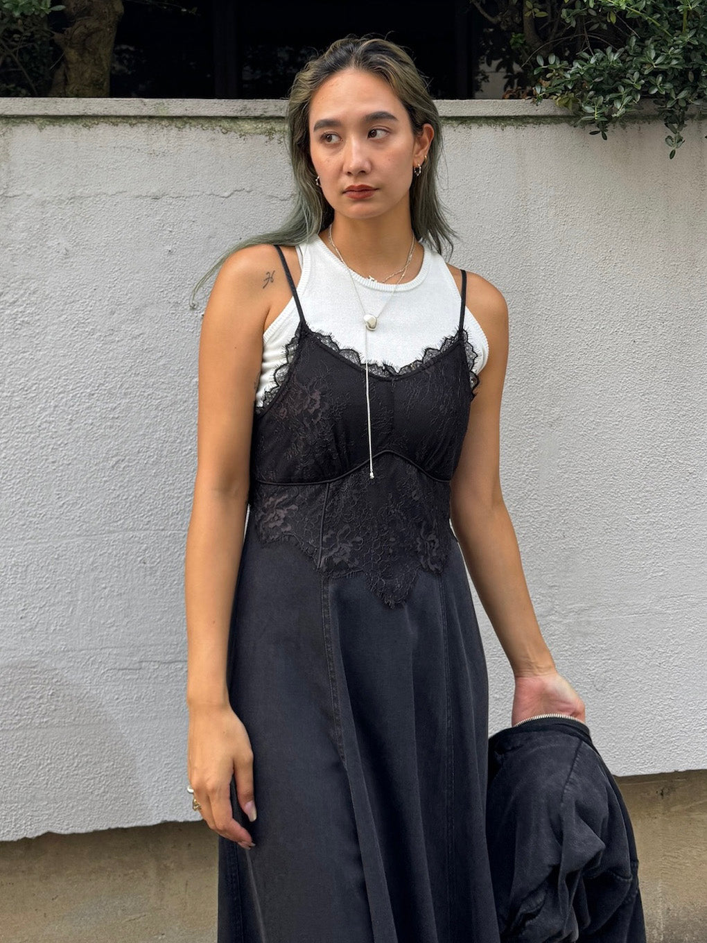 LACE DOCKING TENCEL DENIM FLARE DRESS