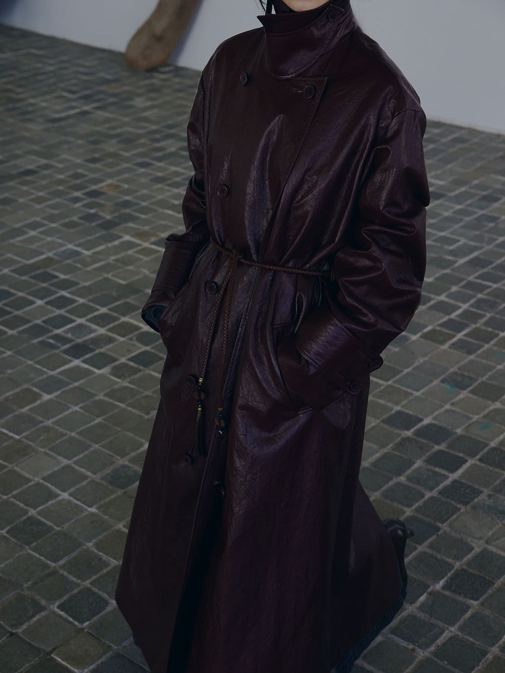 RAFFINE FAKE LEATHER TRENCH COAT