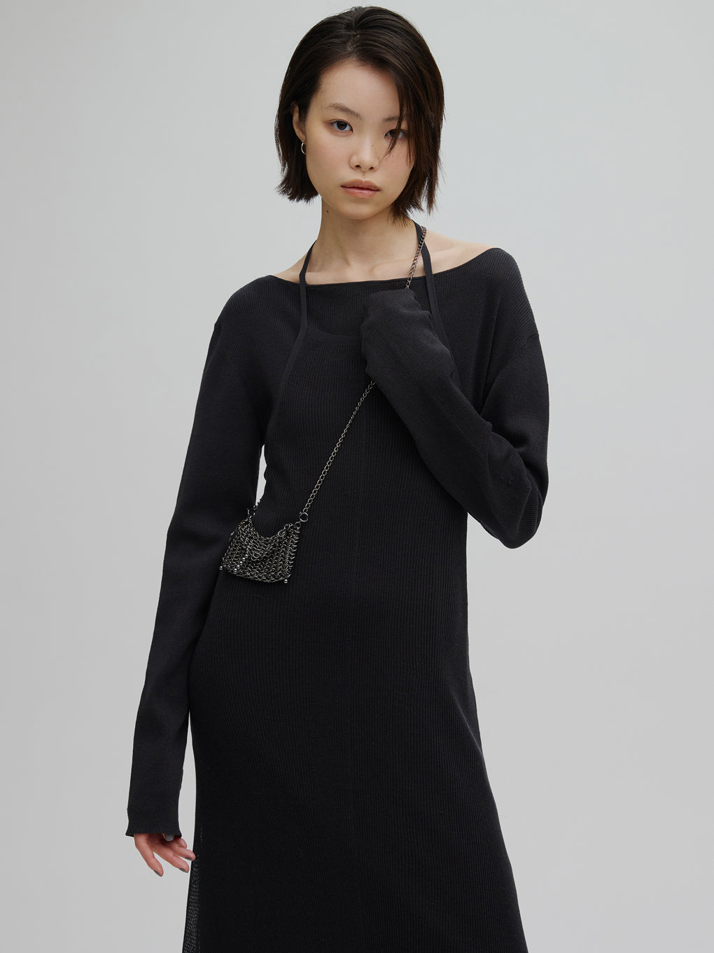 HALTER NECK LAYERED KNIT DRESS