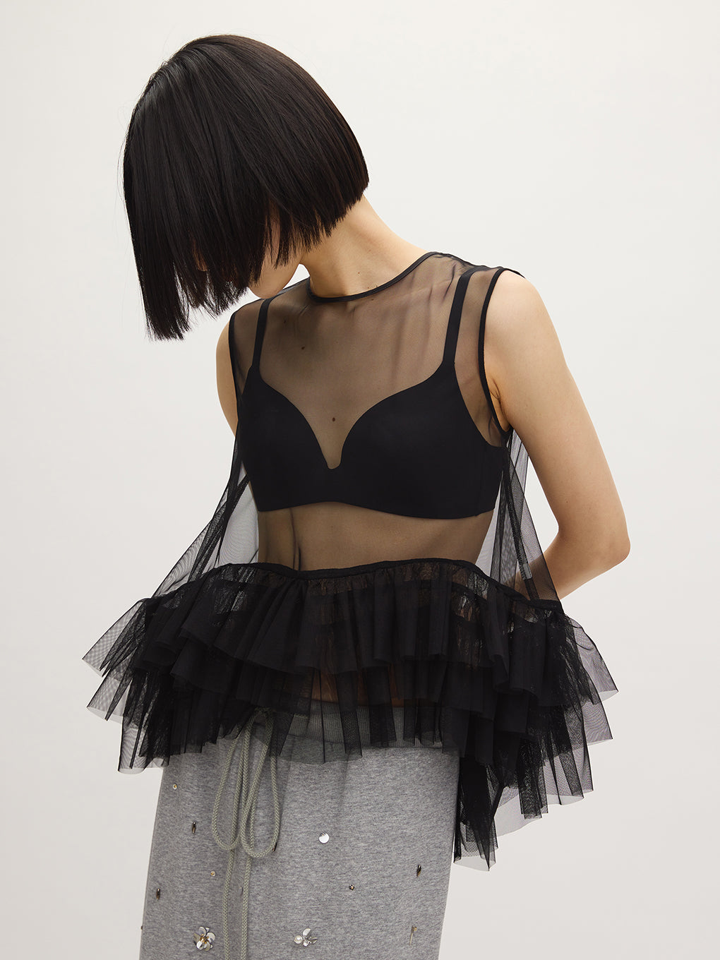 BLACK TULLE HEM RAFFLE TOP