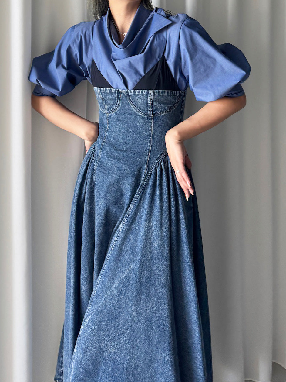 DENIM BUSTIER DOCKING FLARE DRESS