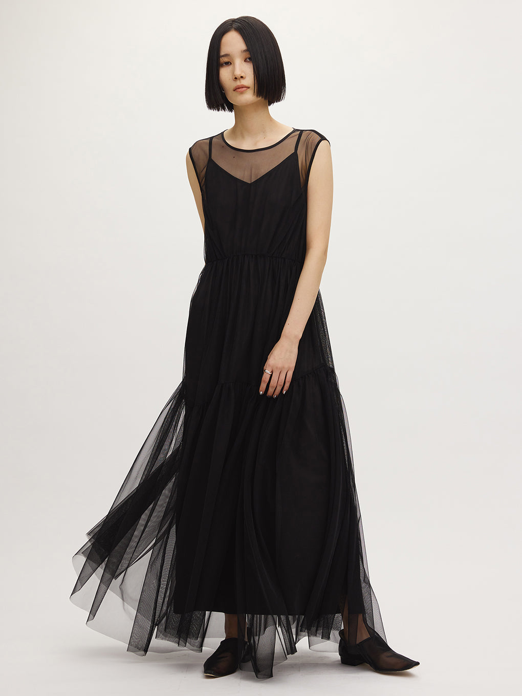 BLACK TULLE WAVE TIERED DRESS