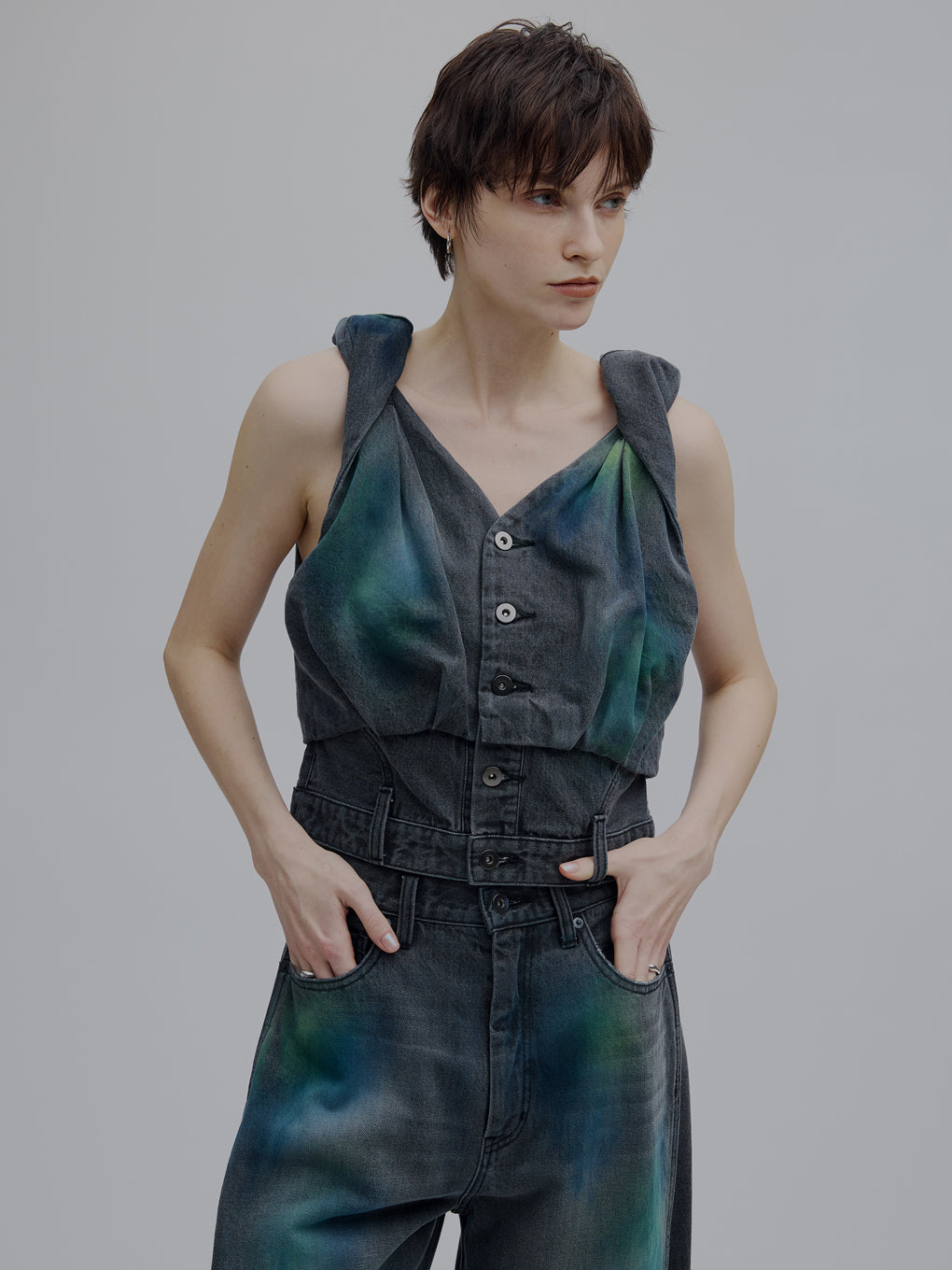 TWIST SHOULDER PAINT DENIM TOP