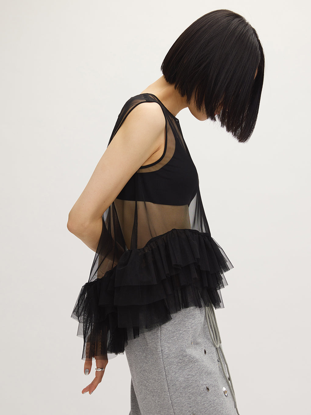 BLACK TULLE HEM RAFFLE TOP