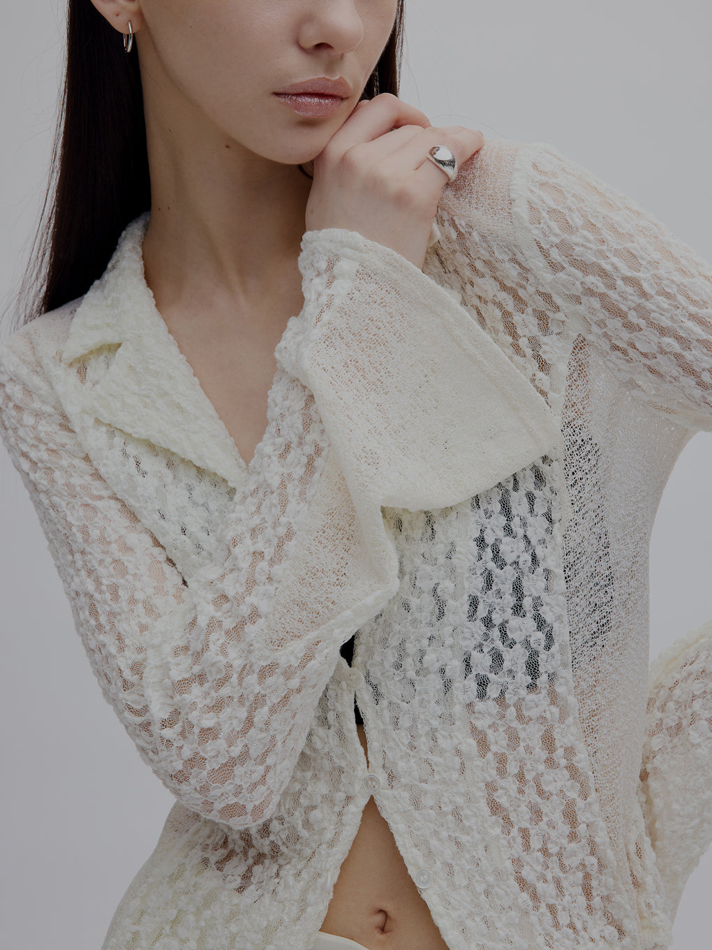トップス MEDI SHRUNK LACE OPEN COLLAR TOP AMERI MEDI SHRUNK LACE OPEN COLLAR TOP