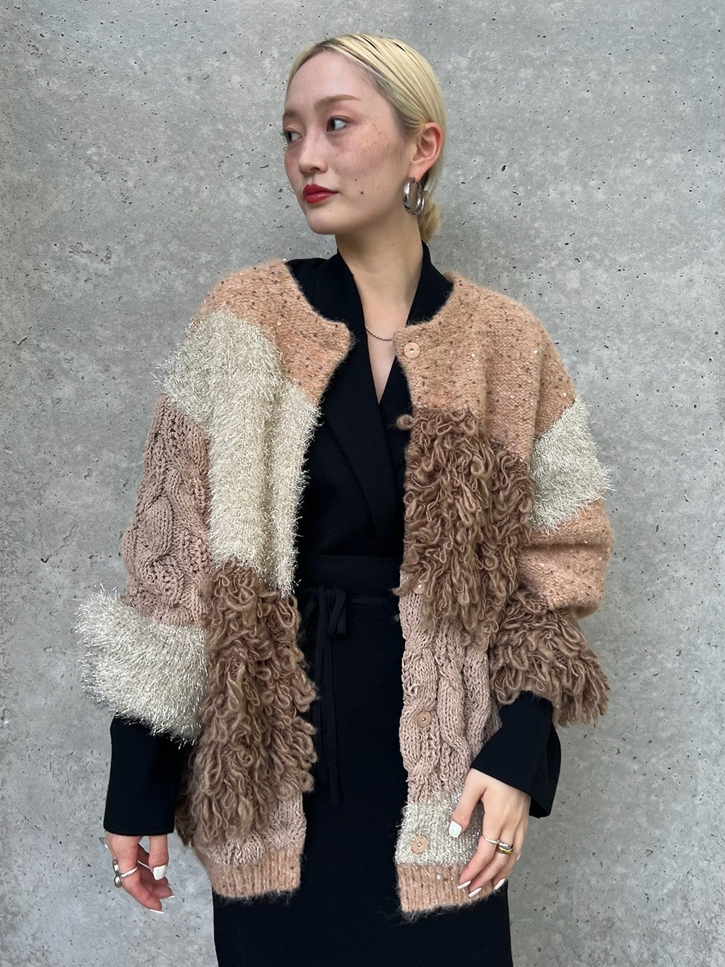 UND MIX YARN PATCHWORK KNIT CARDIGAN