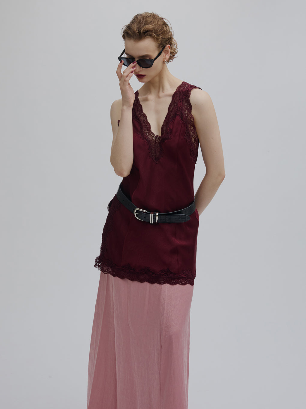 LACY SATIN TUNIC LAYERED TOP