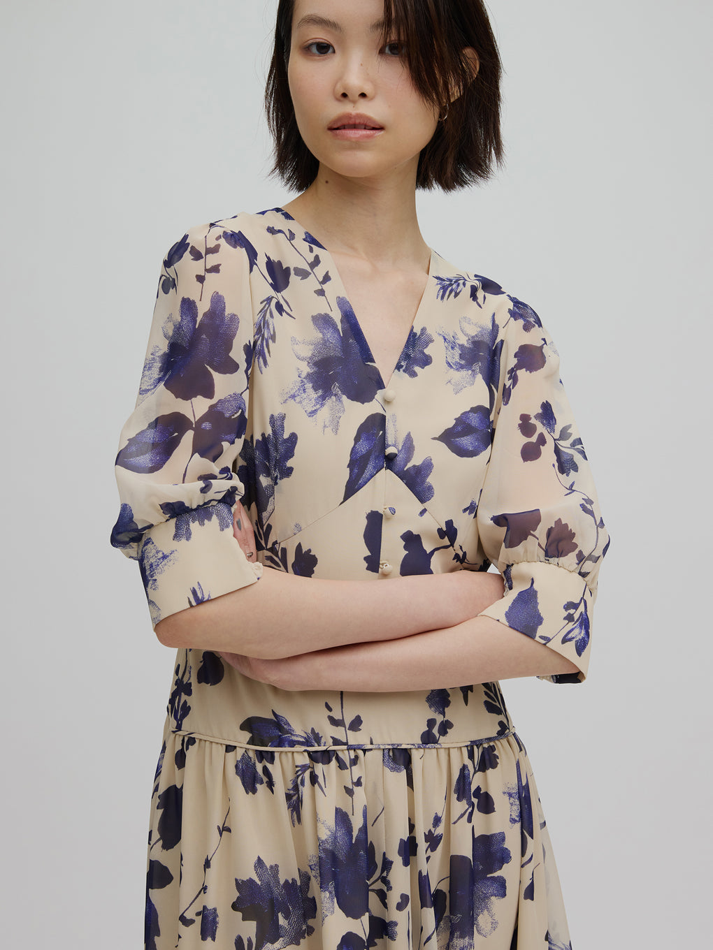 GRAINY FLOWER CHIFFON DRESS　ameri GRAINY FLOWER CHIFFON DRESS