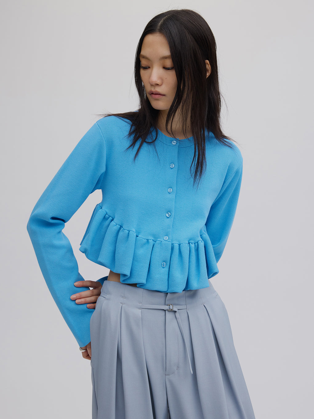 COMPACT BALLOON PEPLUM KNIT CARDIGAN