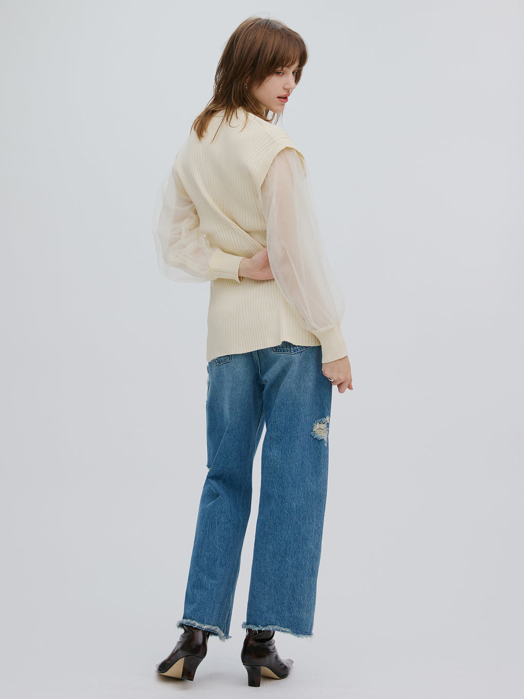 SHEER SLEEVE WAVE KNIT CARDIGAN