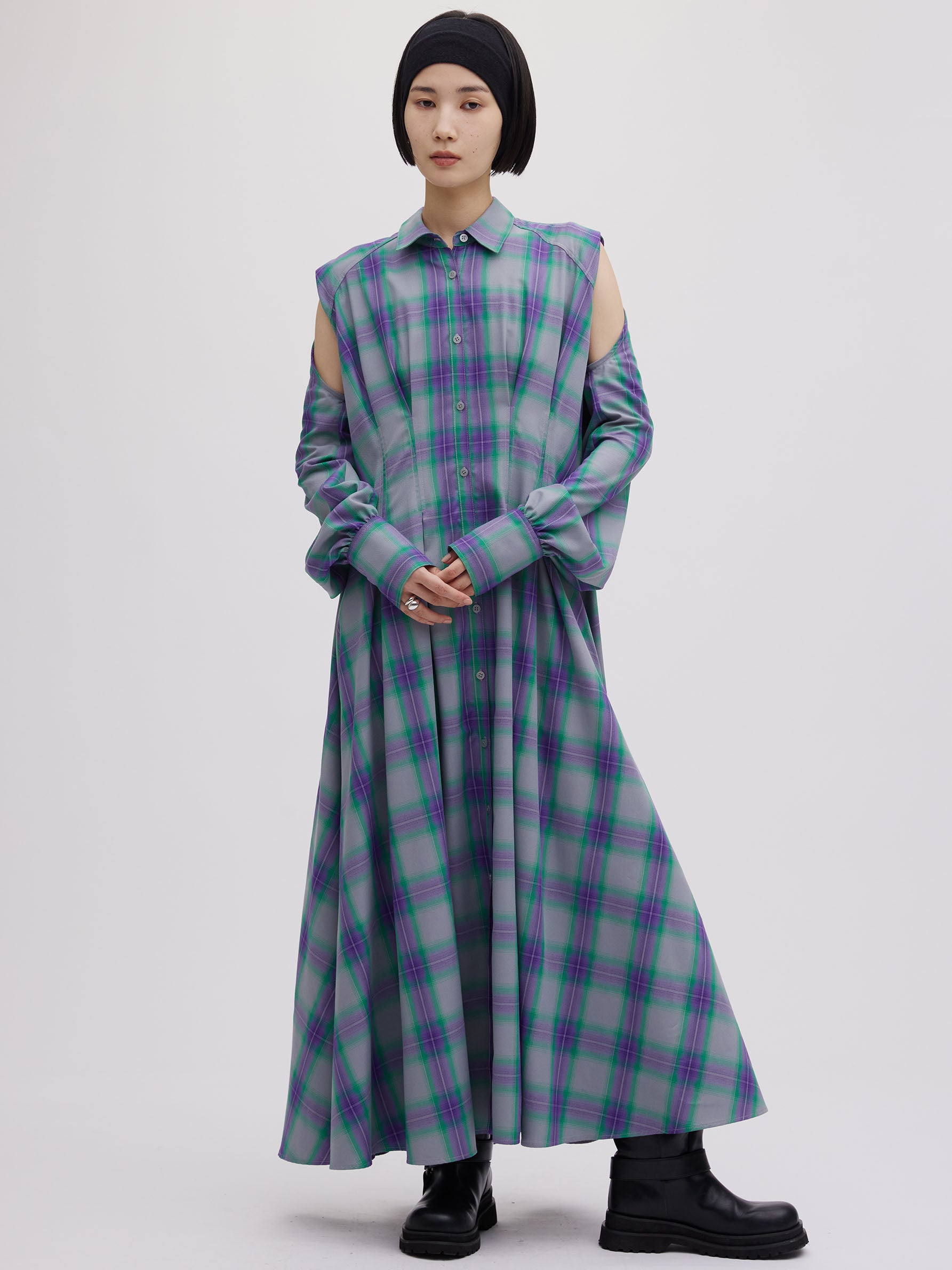 3WAY OMBRE CHECK FLARE DRESS