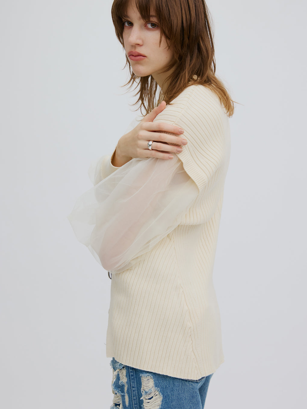 SHEER SLEEVE WAVE KNIT CARDIGAN