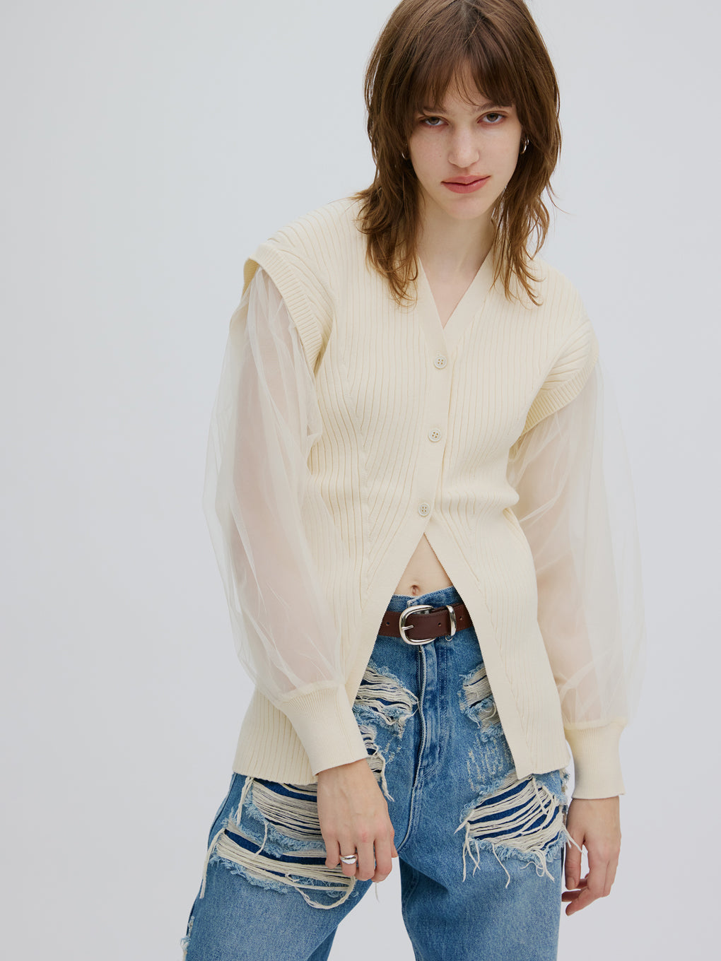 SHEER SLEEVE WAVE KNIT CARDIGAN