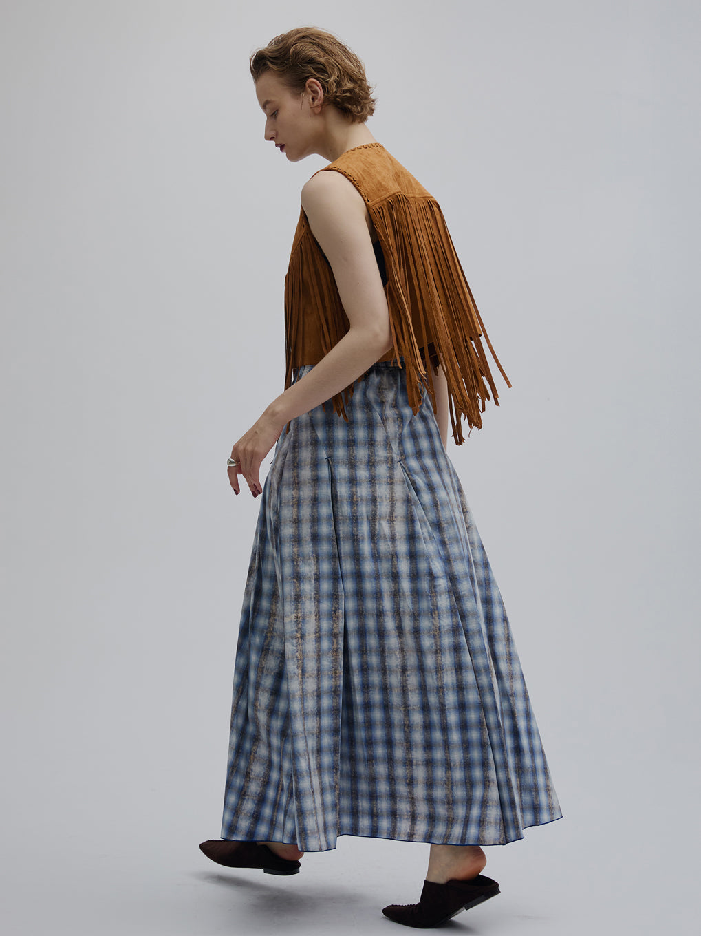 UNEVEN CHECK SPIRAL SKIRT