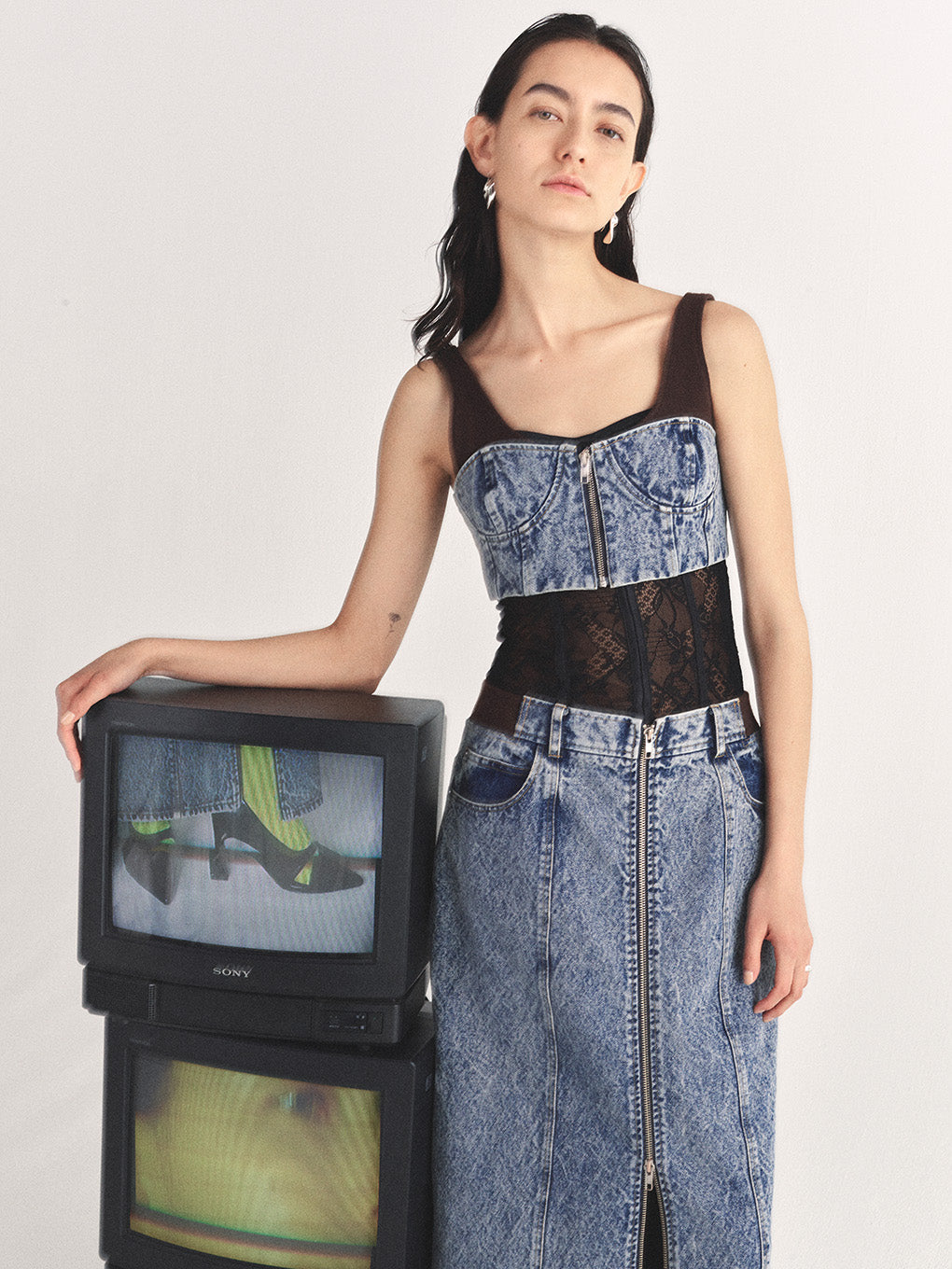 RIB MIX DENIM BUSTIER