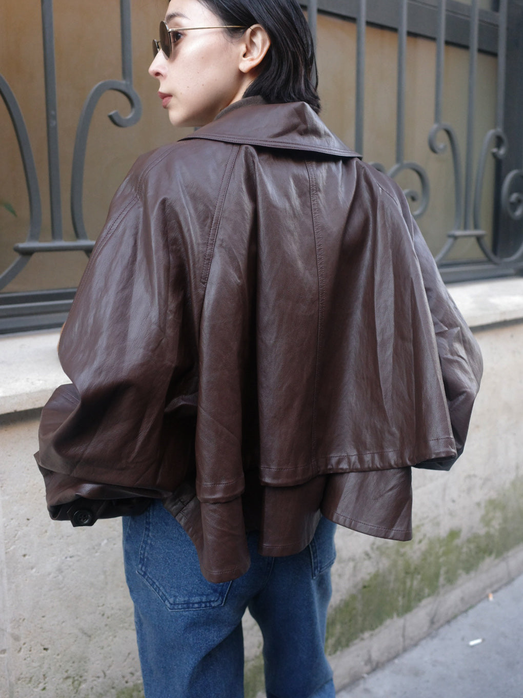 DRAWSTRING YOKE SYNTHETIC LEATHER SHORT COAT