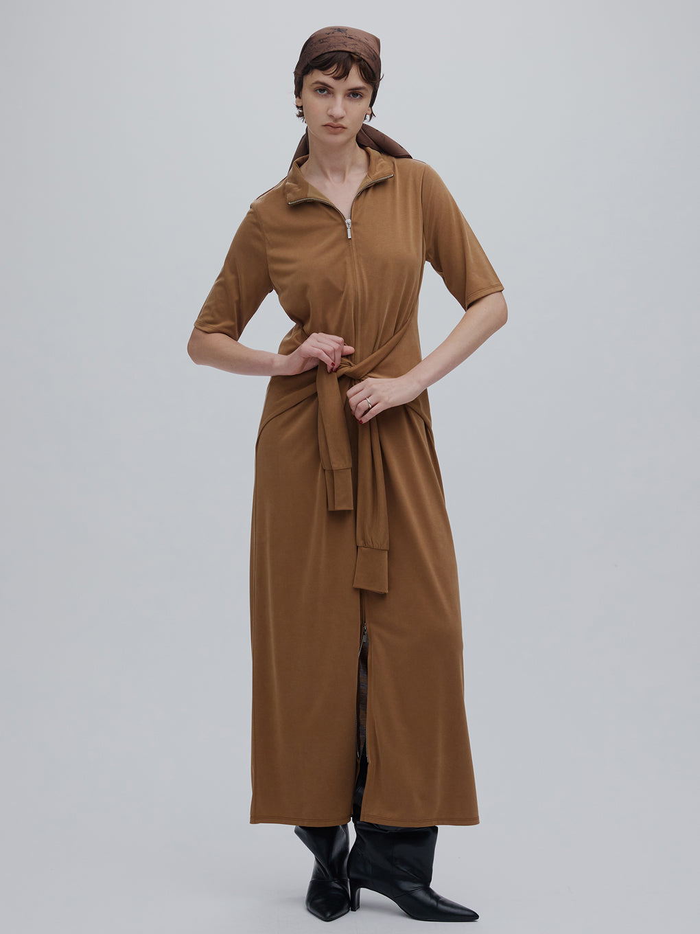 FIBRYL HIGH NECK ZIP CUT DRESS