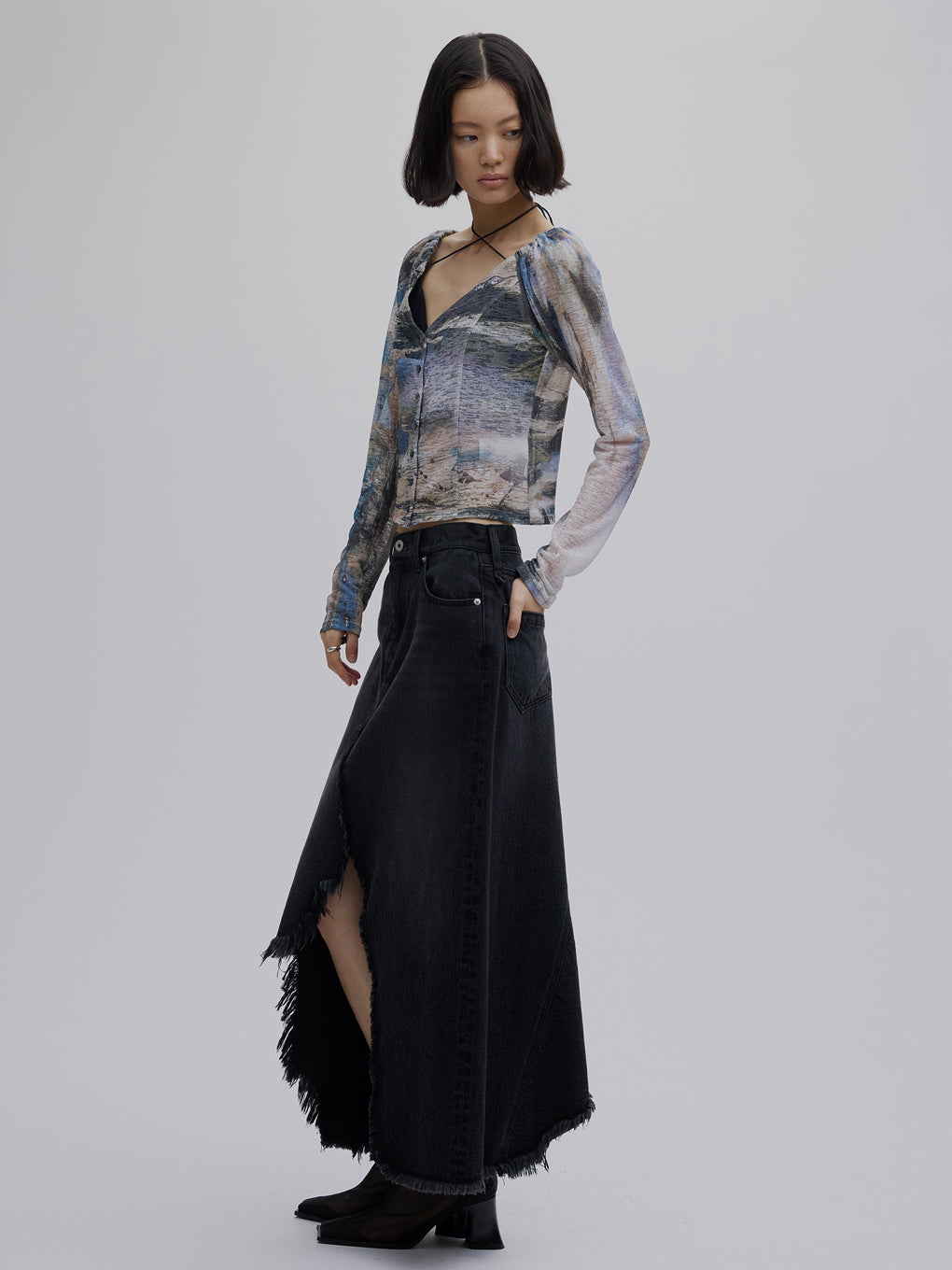 REMAKE LIKE DENIM LACE LAYERED SKIRT