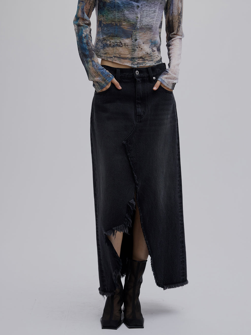 REMAKE LIKE DENIM LACE LAYERED SKIRT