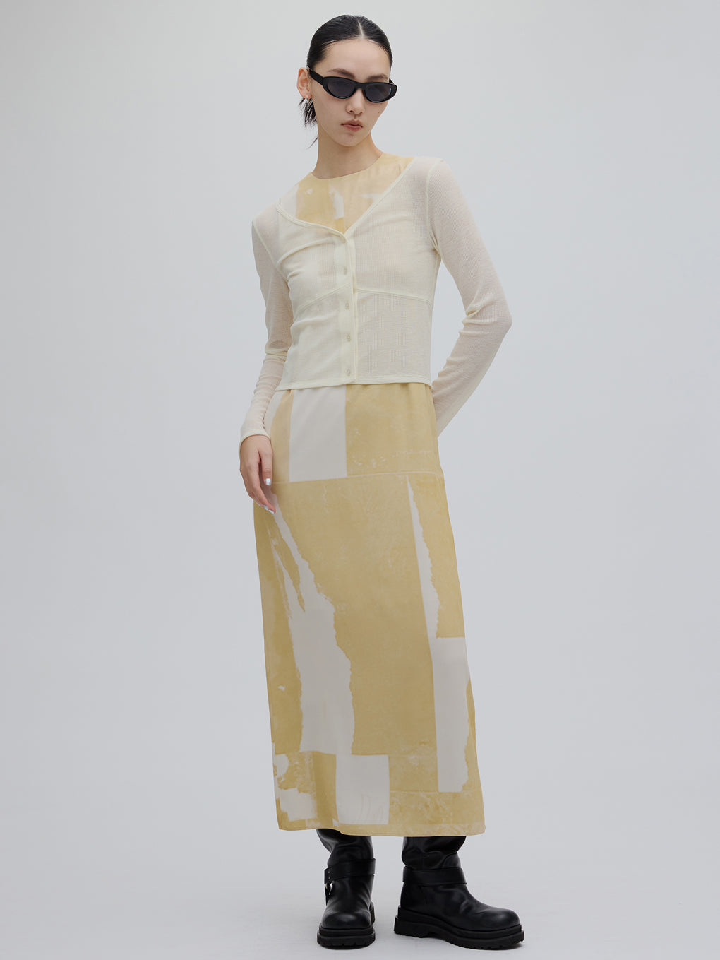 SHEER RIB CARDIGAN WITH STRAIGHT DRESS