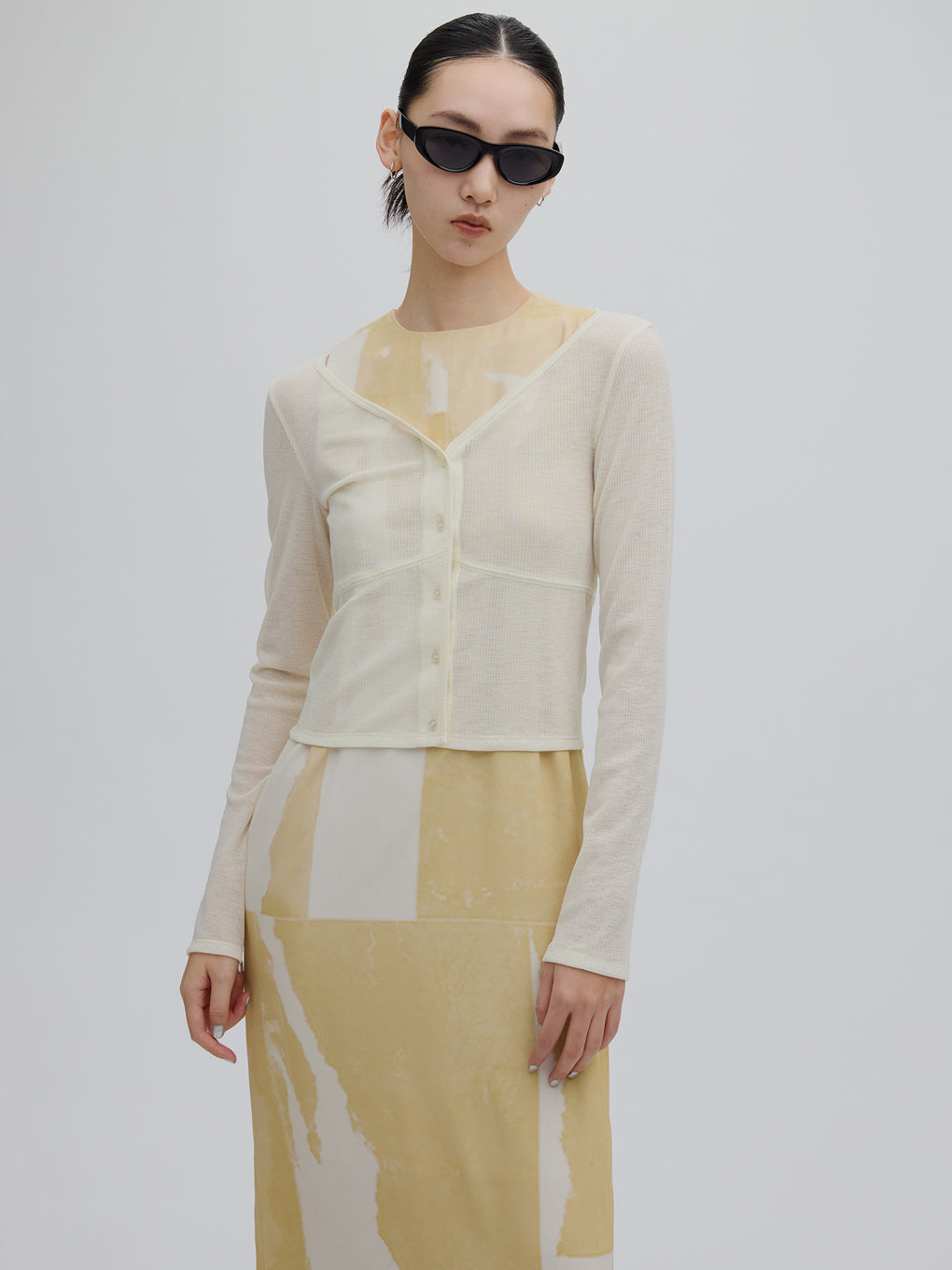 SHEER RIB CARDIGAN WITH STRAIGHT DRESS