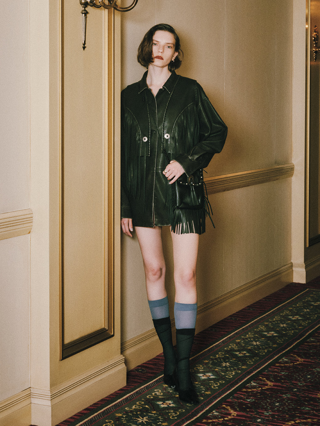 PINTUCK SYNTHETIC LEATHER SHIRT