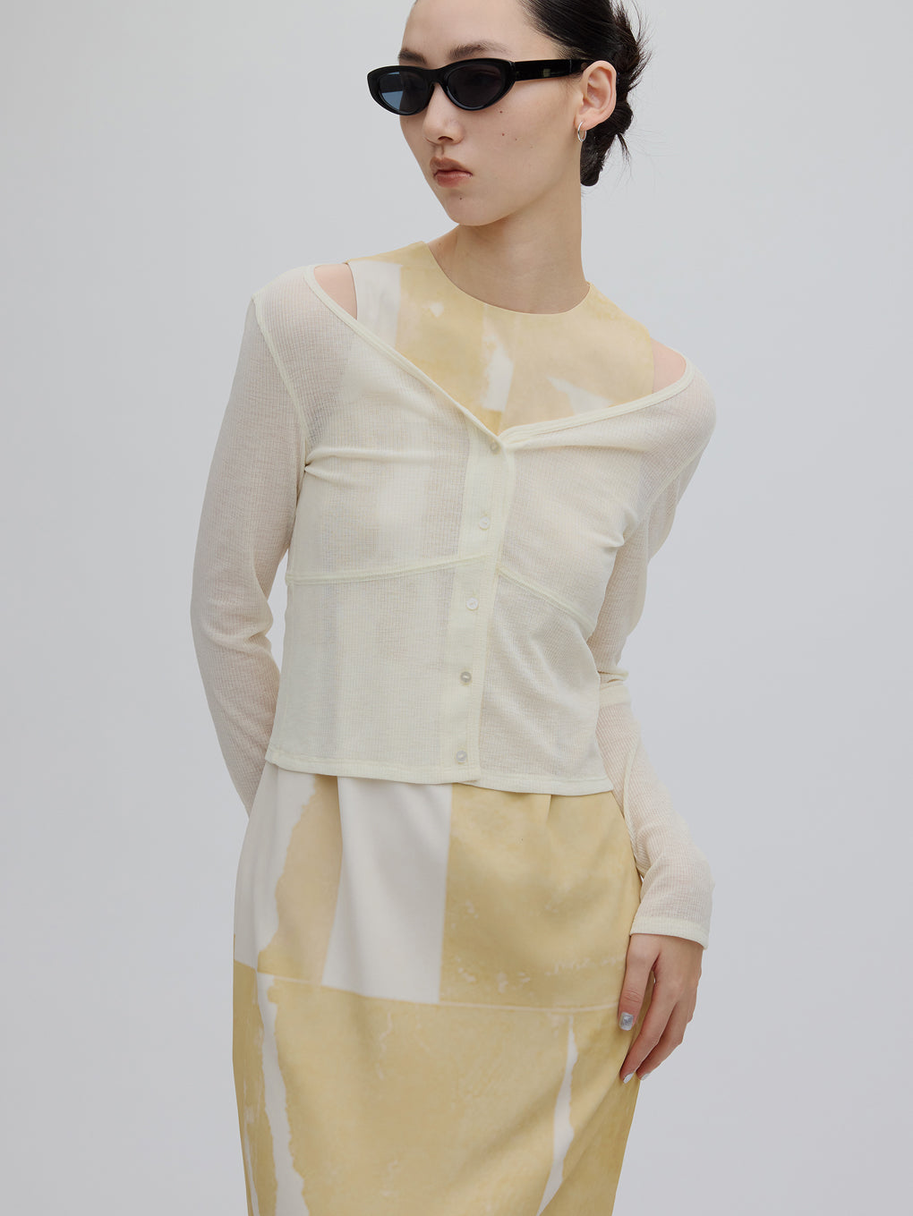 SHEER RIB CARDIGAN WITH STRAIGHT DRESS