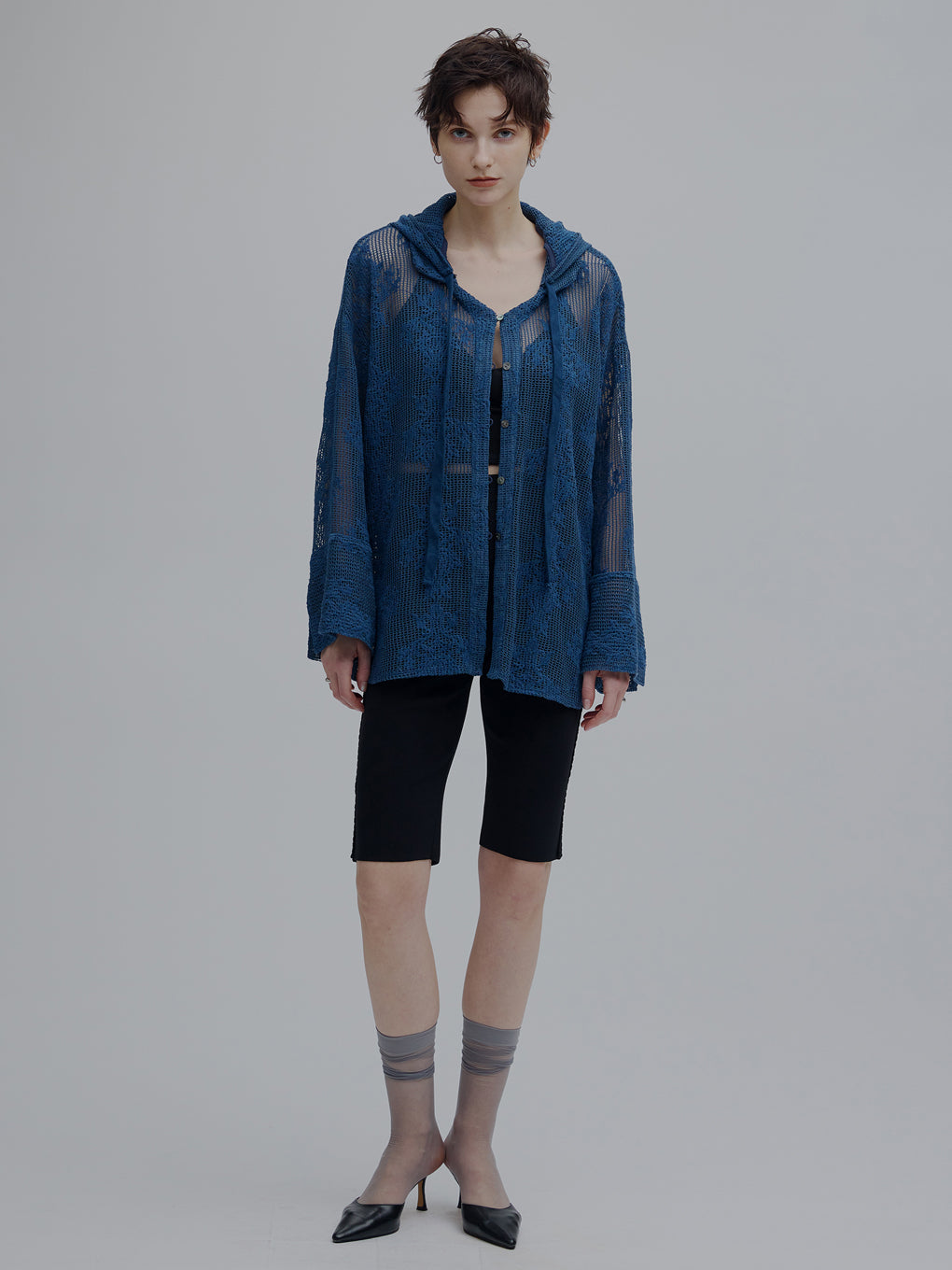 2WAY MESH DAMASK EMBROIDERY HOOD BLOUSE