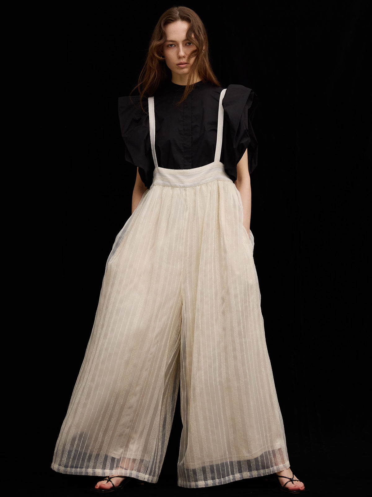 SHEER STRIPE SUSPENDER PANTS