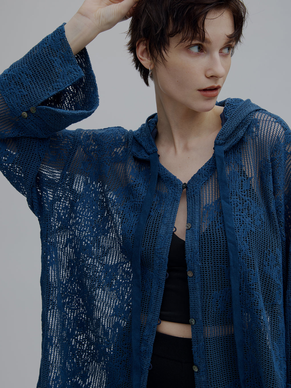 2WAY MESH DAMASK EMBROIDERY HOOD BLOUSE