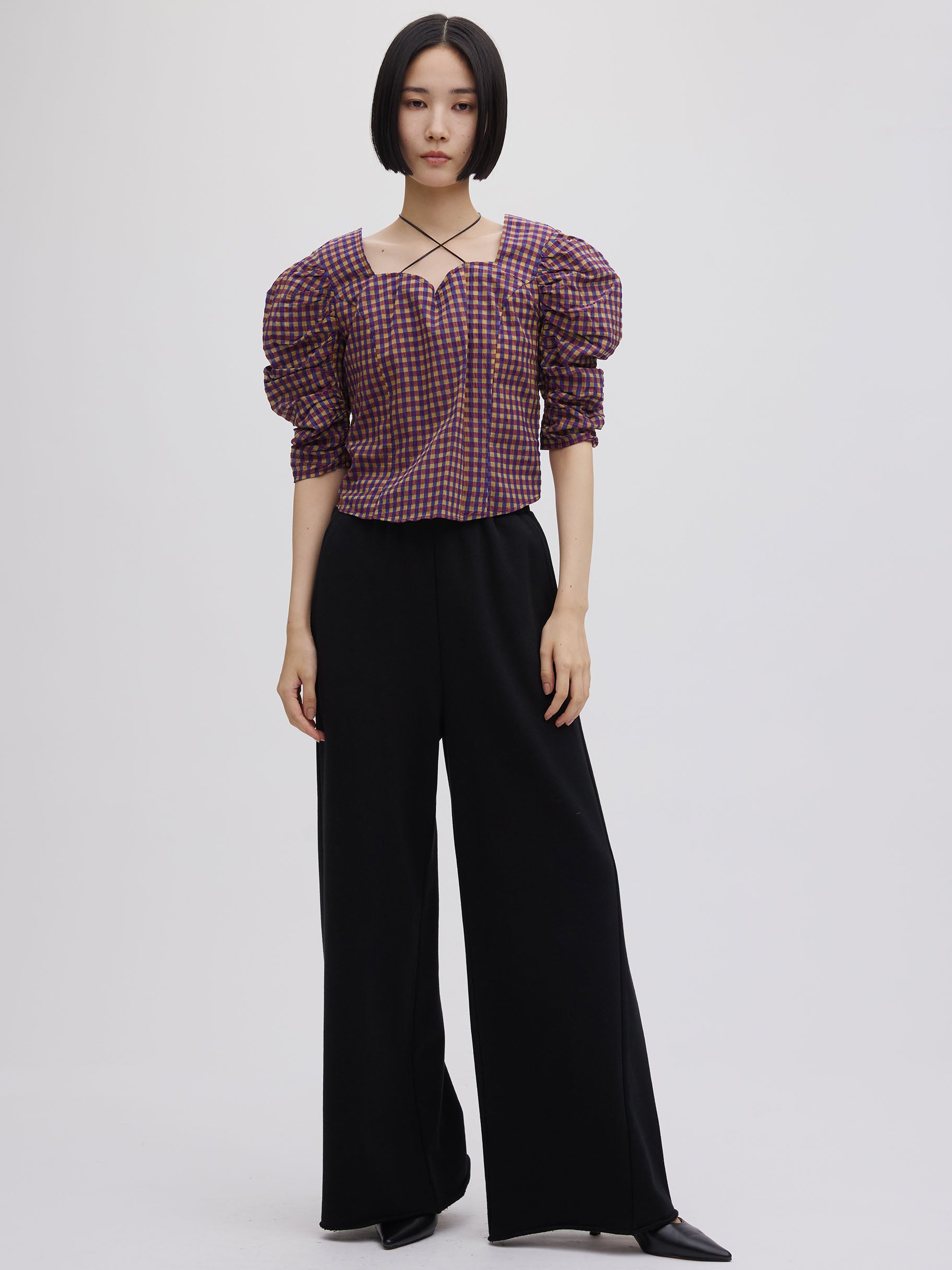 CHECK PUFF SLEEVE TOP