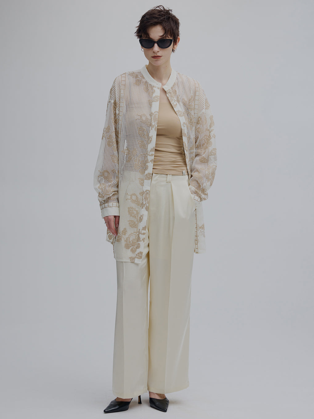 【Ameri】MEDI CROSS SHIRT アイボリー ベージュ 長袖 MEDI CROSS STITCH LIKE SHIRT