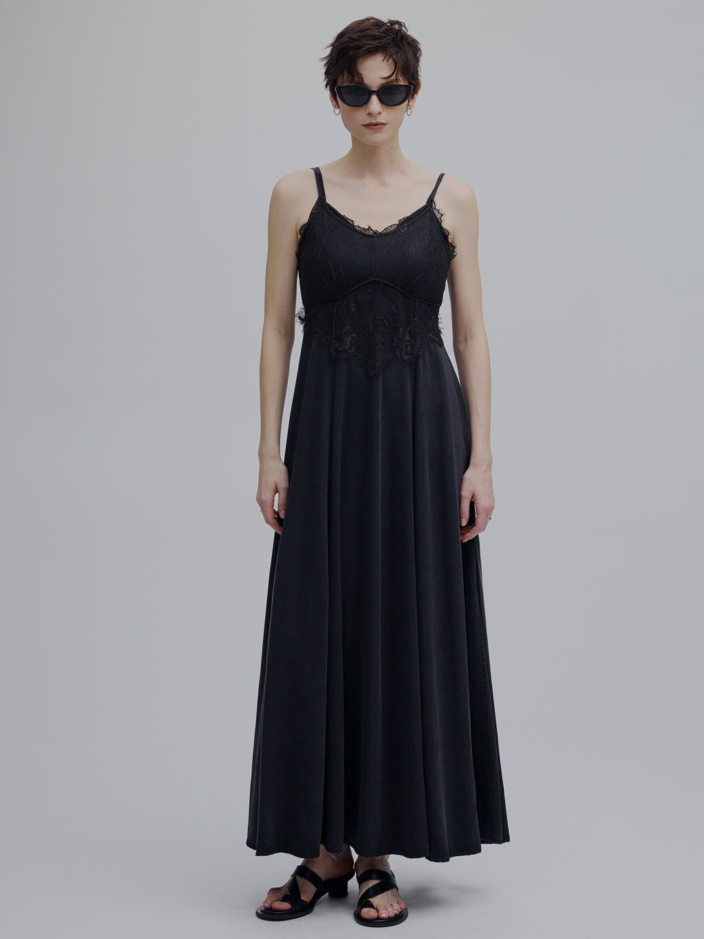 ワンピース LACE DOCKING TENCEL DENIM FLARE DRESS S LACE DOCKING TENCEL DENIM FLARE DRESS
