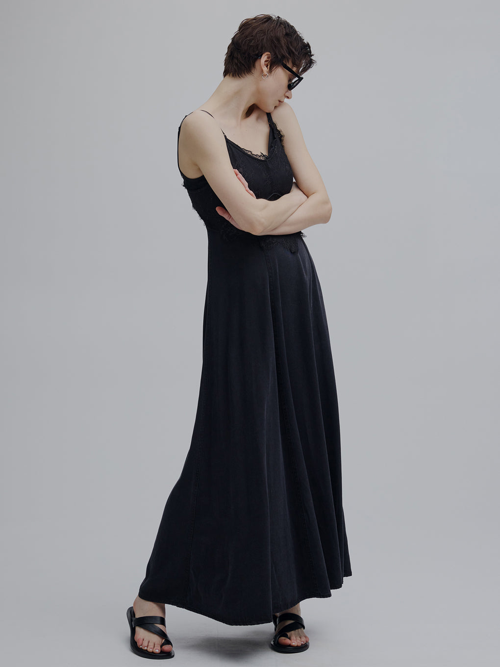 LACE DOCKING TENCEL DENIM FLARE DRESS