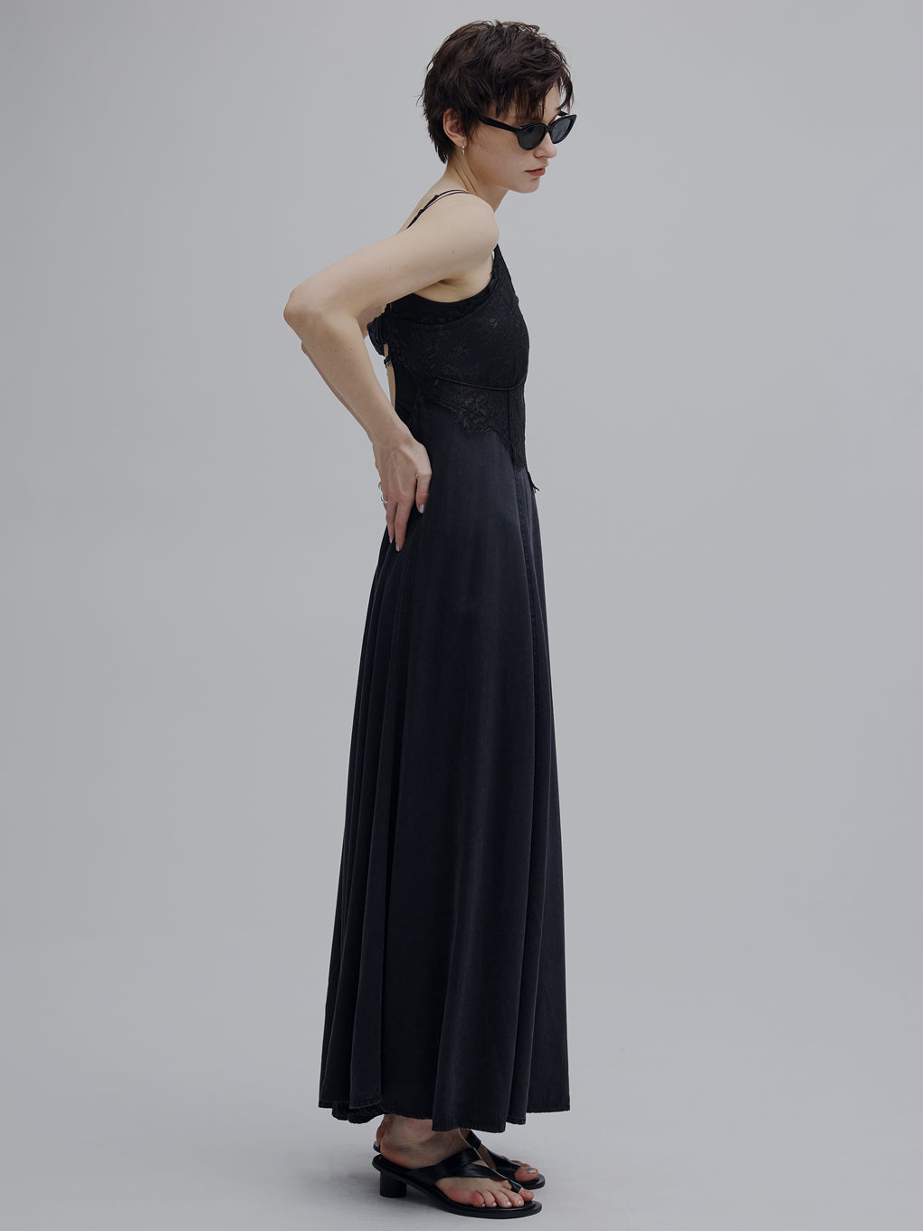 LACE DOCKING TENCEL DENIM FLARE DRESS