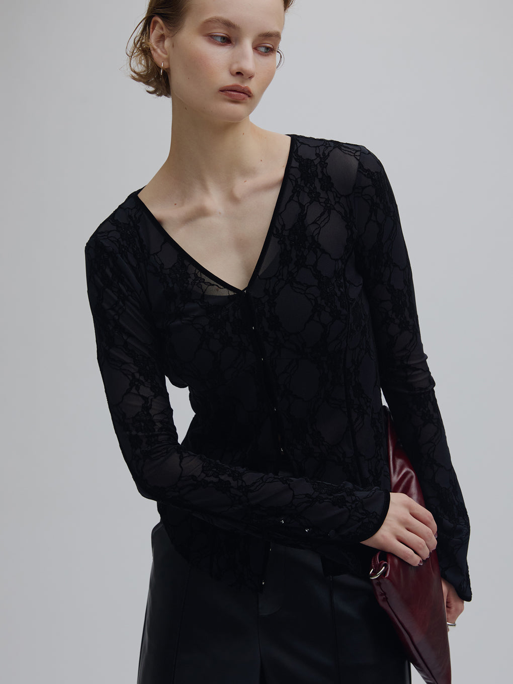 SHEER FLOCKY ROUND HEM TOPS