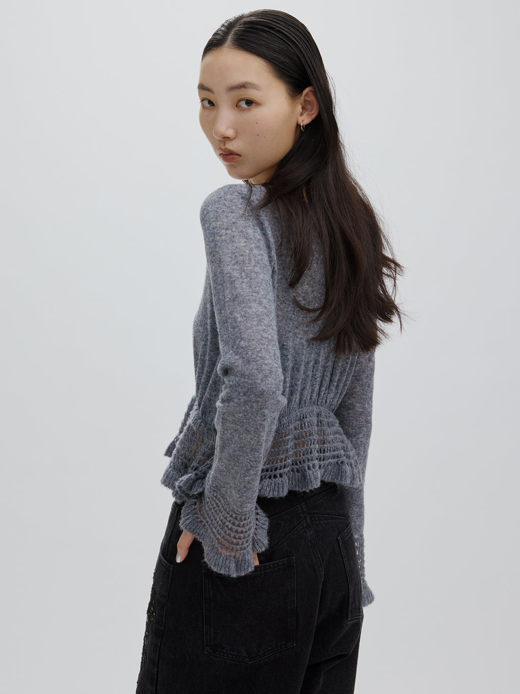 FLUFFY SHEER FRILL KNIT TOP