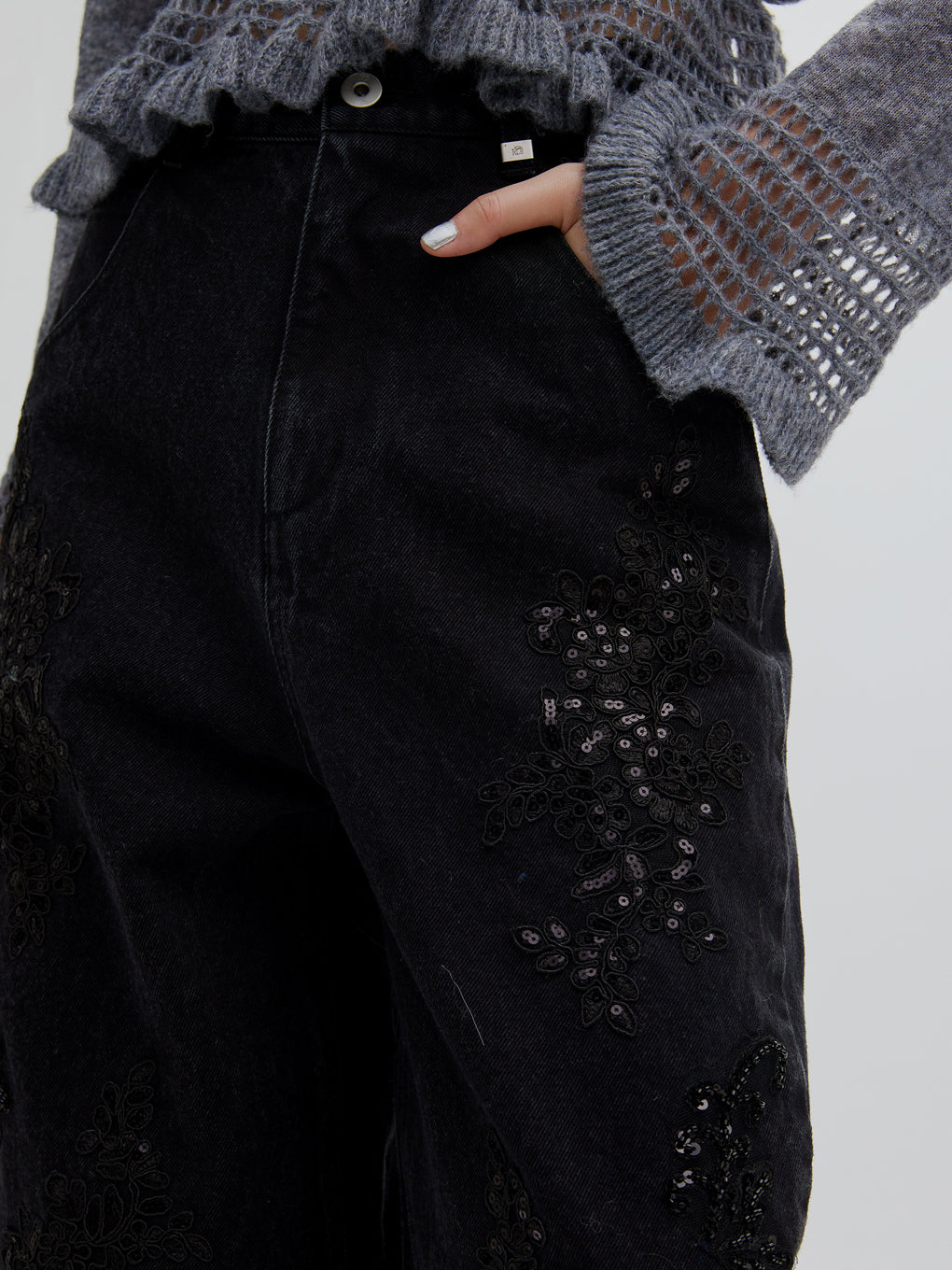 SPANGLE BIJOU EGG DENIM PANTS
