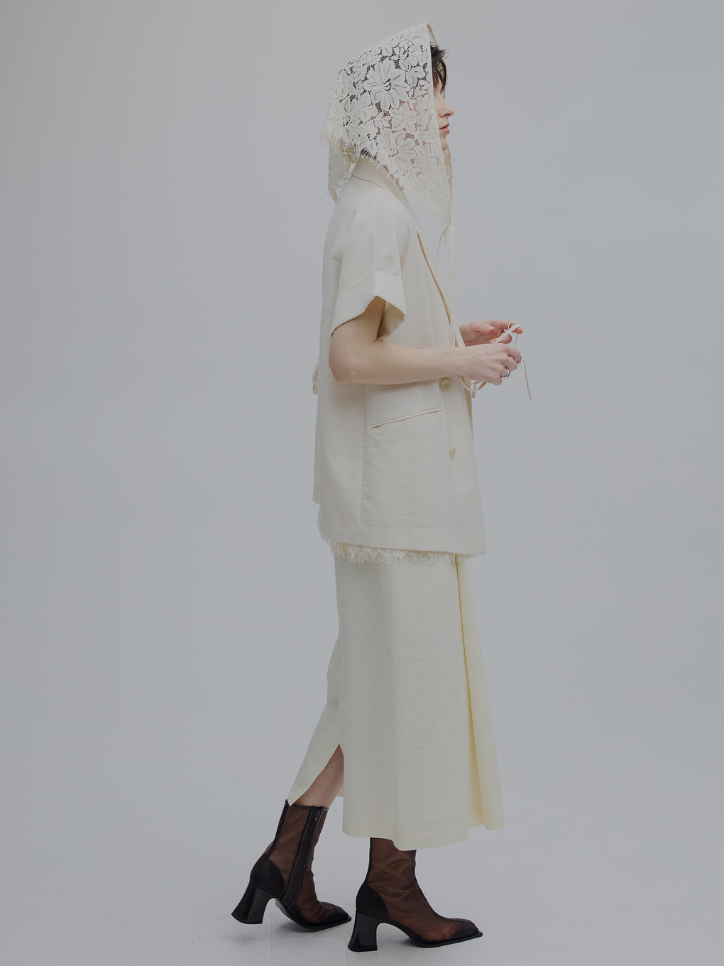 MELANGE LACE VEST LAYERED JACKET ブルー　S MELANGE LACE VEST LAYERED JACKET