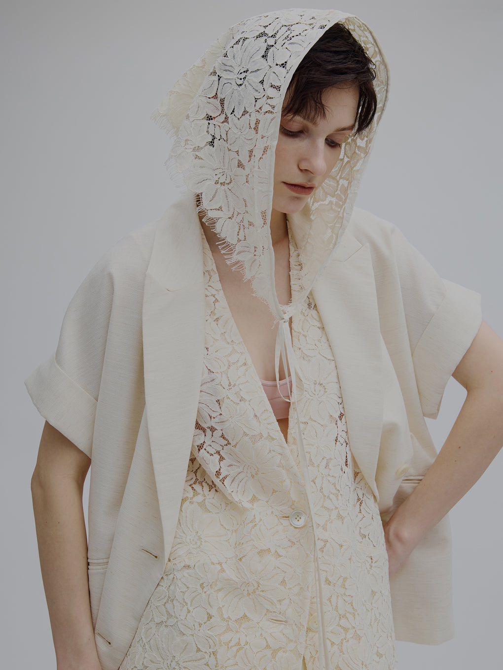 MELANGE LACE VEST LAYERED JACKET ブルー　S 新品】MELANGE LACE VEST LAYERED JACKET BLU - メルカリ