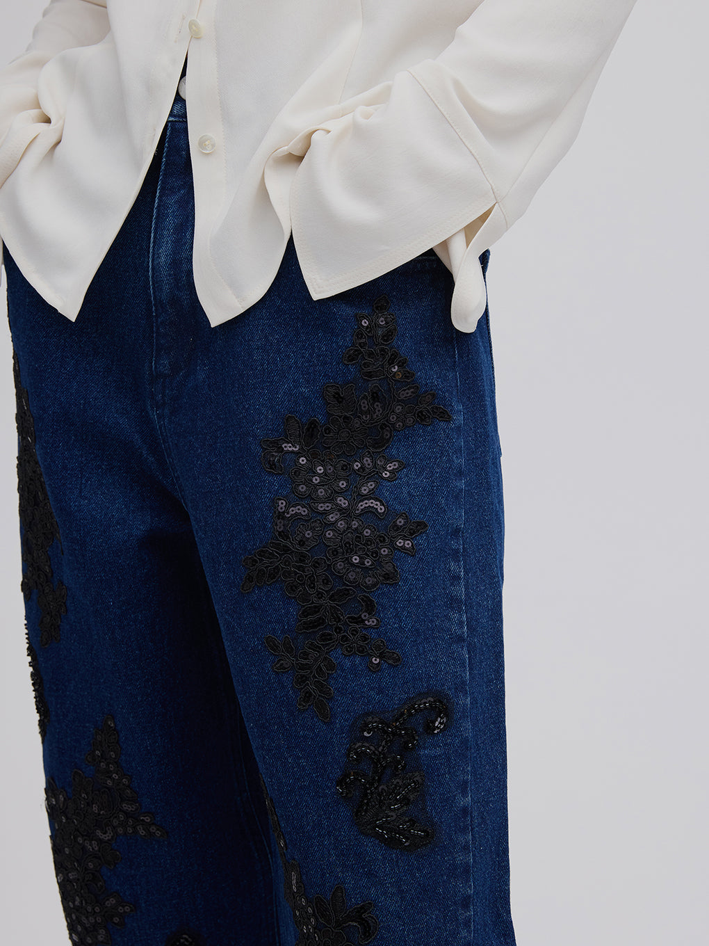 SPANGLE BIJOU EGG DENIM PANTS