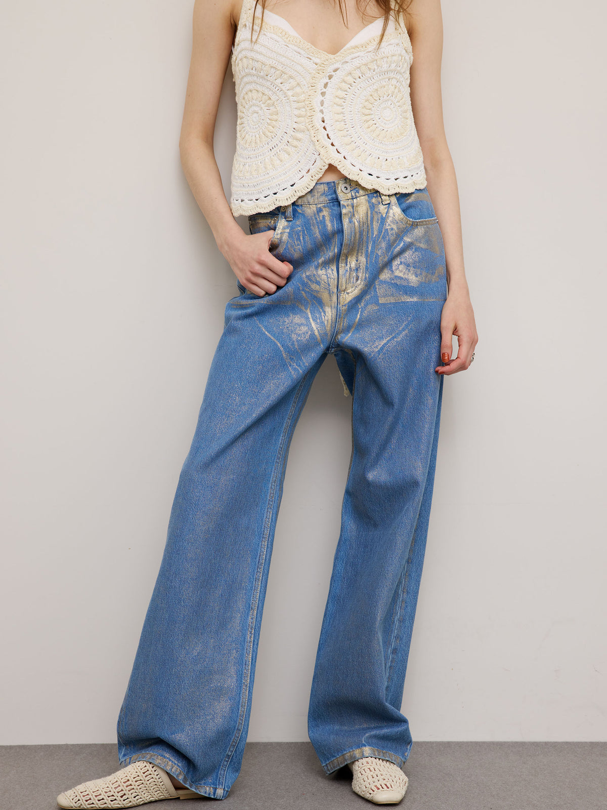 jentlous Foil Printed Denim Pants | ヤマダウェブコム